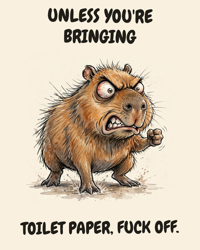 Capybara watercolor art print with the saying "UNLESS YOU'RE BRINGING TOILET PAPER, FUCK OFF."