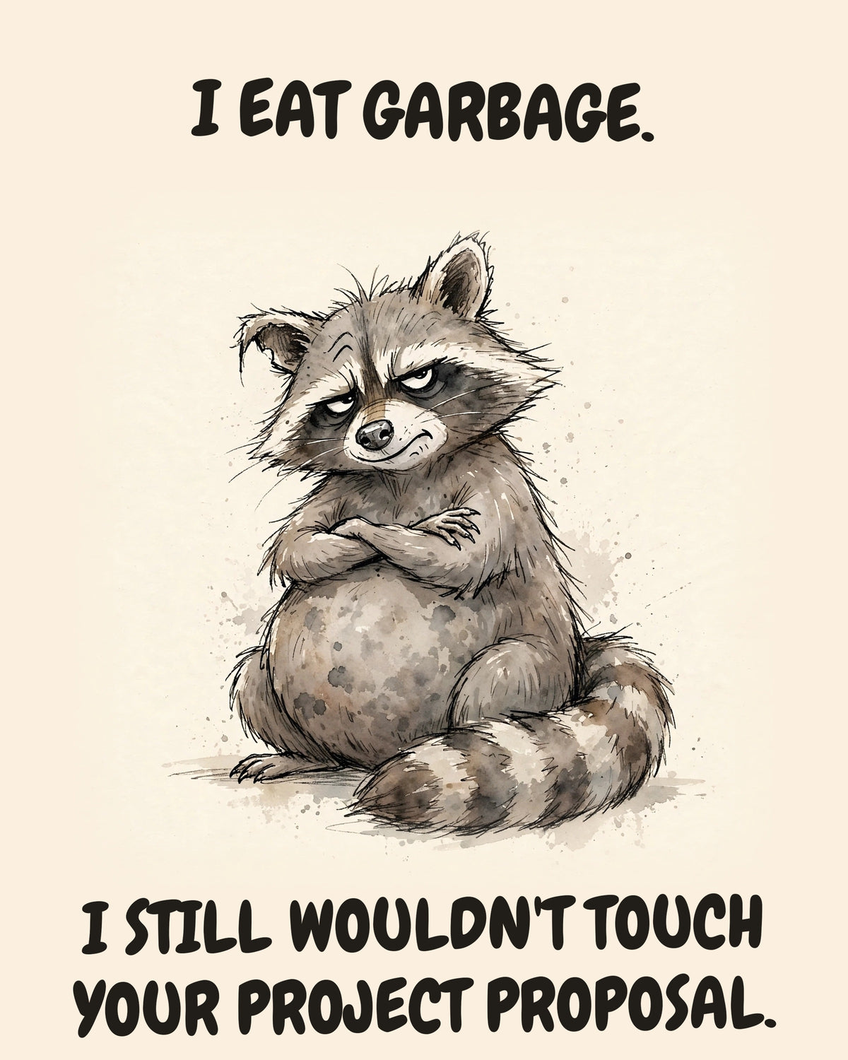 Raccoon watercolor art print with the saying "I EAT GARBAGE. I STILL WOULDN'T TOUCH YOUR PROJECT PROPOSAL."
