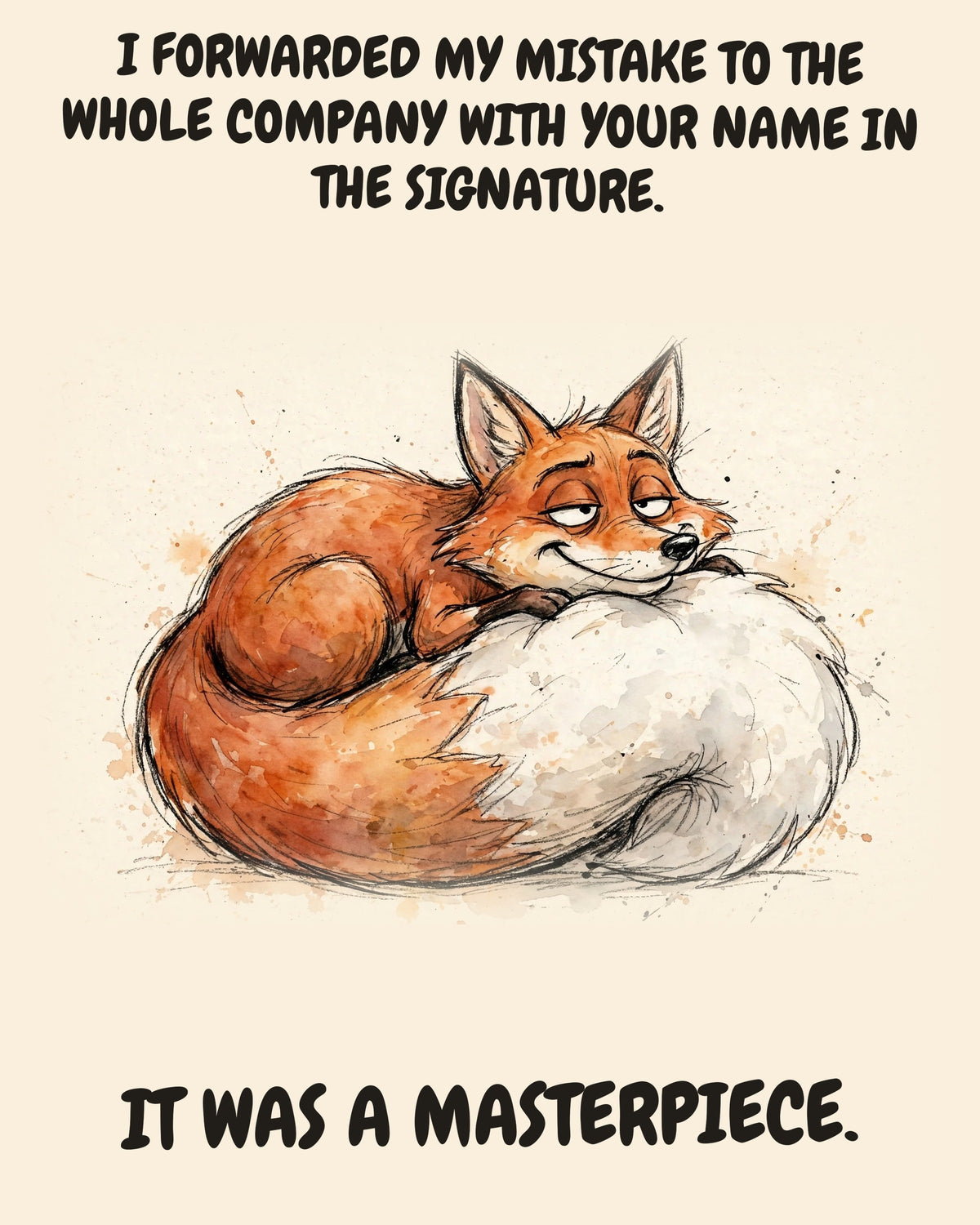 Fox watercolor art print with the saying "I FORWARDED MY MISTAKE TO THE WHOLE COMPANY WITH YOUR NAME IN THE SIGNATURE. IT WAS A MASTERPIECE."