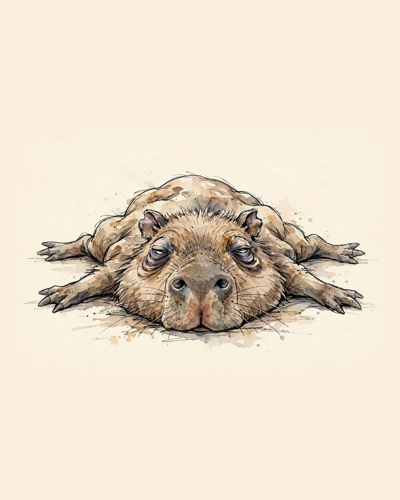 Wordless exhausted Capybara watercolor art print — the artwork alone on a warm cream background, no text