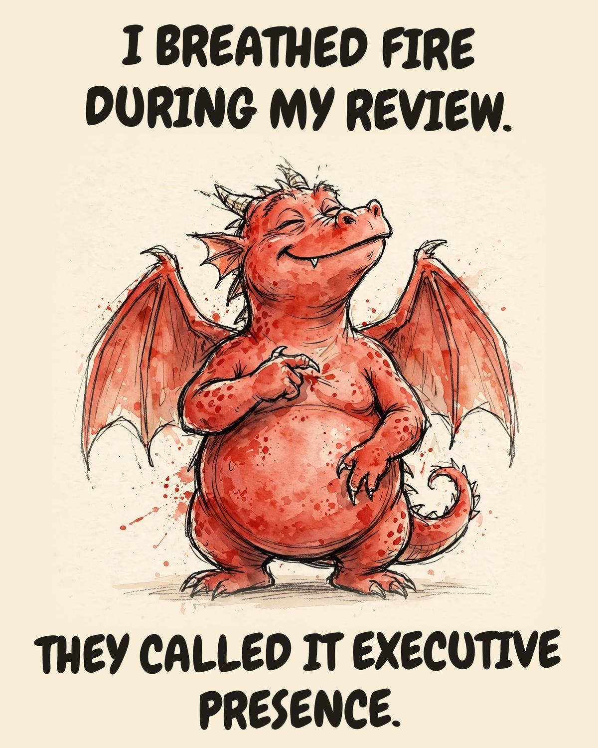 Red Dragon watercolor art print with the saying "I BREATHED FIRE DURING MY REVIEW. THEY CALLED IT EXECUTIVE PRESENCE."