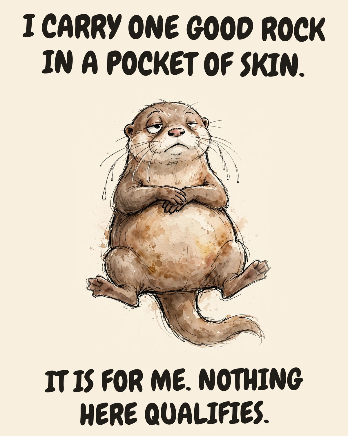 Unbothered Otter office art print in watercolor style, an unbothered otter in a moment of perfect workplace serenity, captioned “I CARRY ONE GOOD ROCK IN A POCKET OF SKIN. IT IS FOR ME. NOTHING HERE QUALIFIES.”