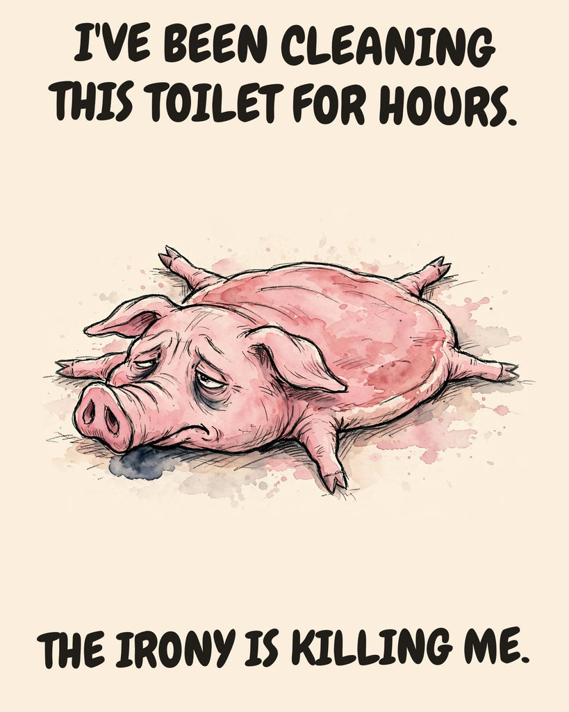 Pig watercolor art print with the saying "I'VE BEEN CLEANING THIS TOILET FOR HOURS. THE IRONY IS KILLING ME."