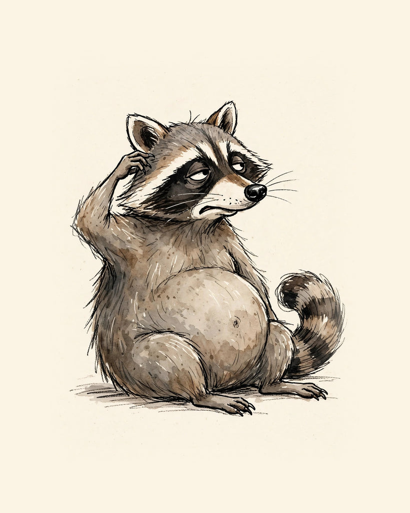 Wordless unbothered Raccoon watercolor art print — the artwork alone on a warm cream background, no text