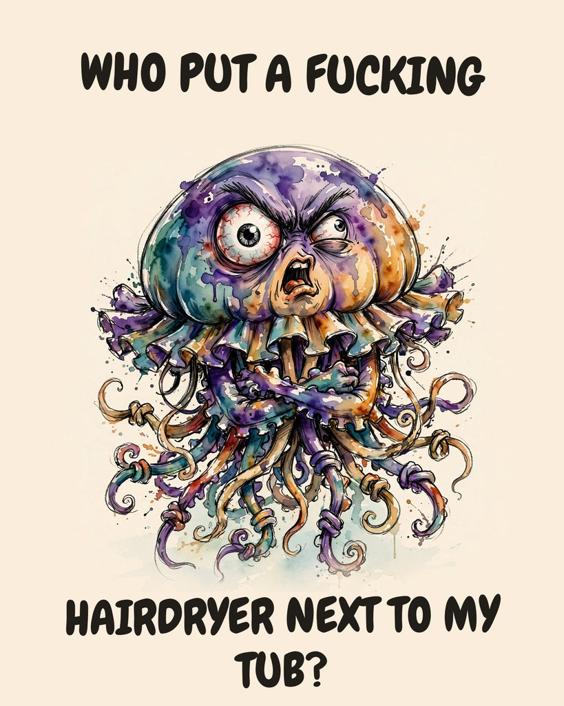 Jellyfish watercolor art print with the saying "WHO PUT A FUCKING HAIRDRYER NEXT TO MY TUB?"