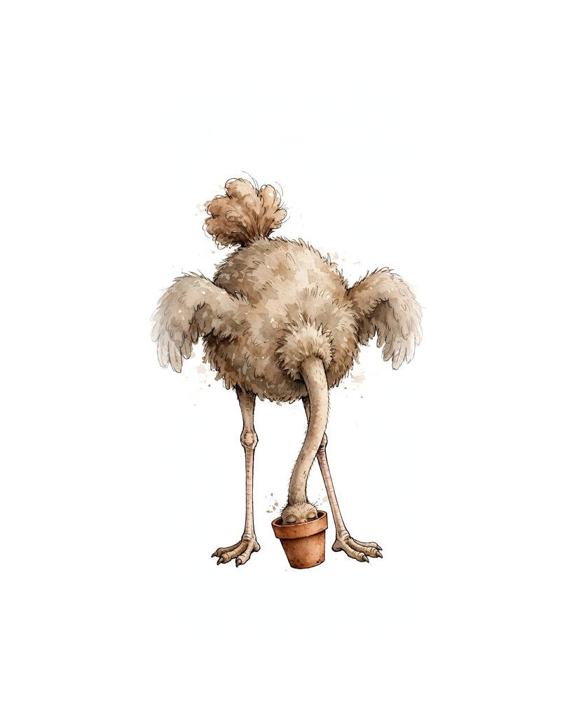 Wordless holy moly Overwhelmed Ostrich watercolor art print — the artwork alone on a warm cream background, no text