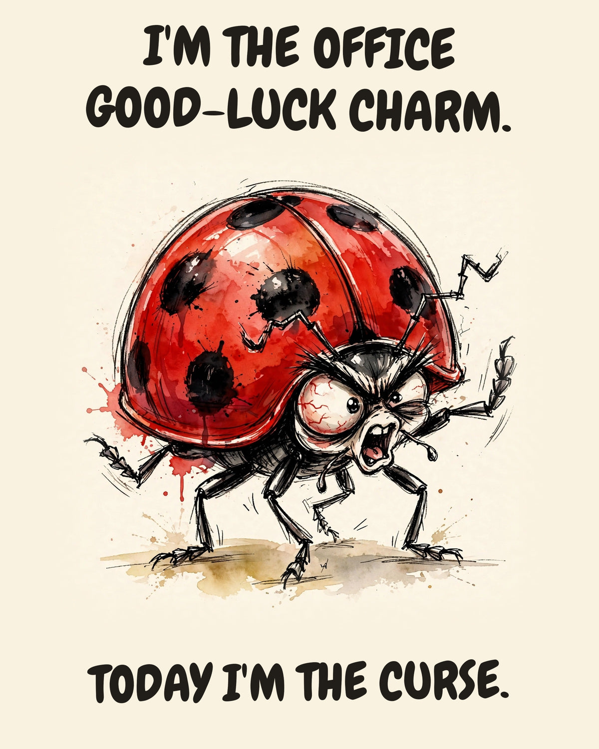 Ladybug watercolor art print with the saying "I'M THE OFFICE GOOD-LUCK CHARM. TODAY I'M THE CURSE."