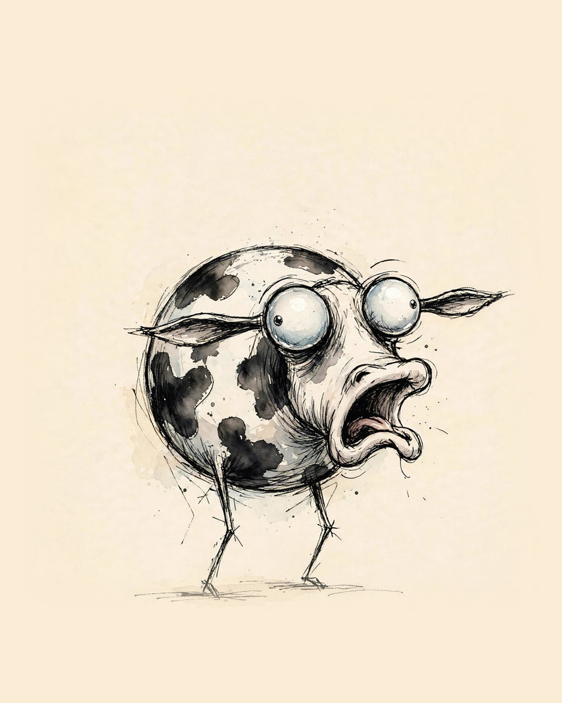 Wordless horrified Cow watercolor art print — the artwork alone on a warm cream background, no text