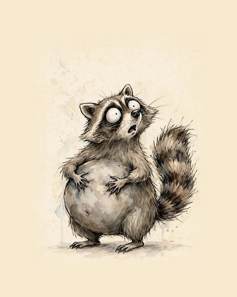 Wordless horrified Raccoon watercolor art print — the artwork alone on a warm cream background, no text