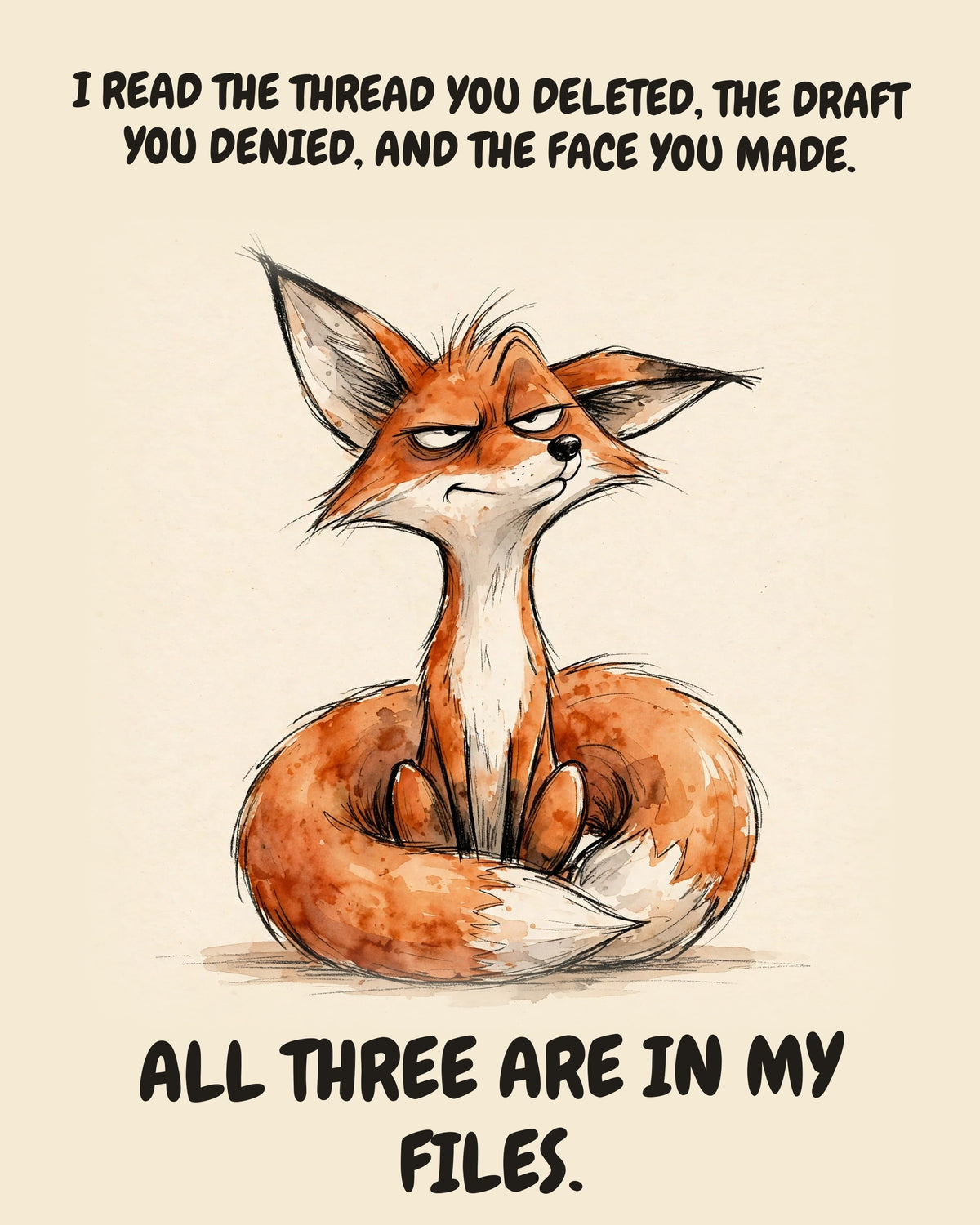 Fox watercolor art print with the saying "I READ THE THREAD YOU DELETED, THE DRAFT YOU DENIED, AND THE FACE YOU MADE. ALL THREE ARE IN MY FILES."