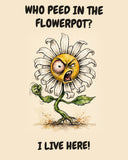 Daisies watercolor art print with the saying "WHO PEED IN THE FLOWERPOT? I LIVE HERE!"