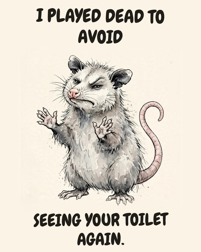Possum watercolor art print with the saying "I PLAYED DEAD TO AVOID SEEING YOUR TOILET AGAIN."