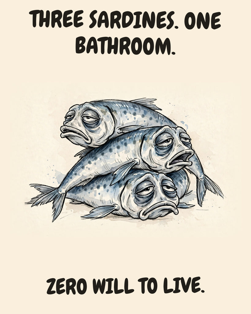Sardines watercolor art print with the saying "THREE SARDINES. ONE BATHROOM. ZERO WILL TO LIVE."