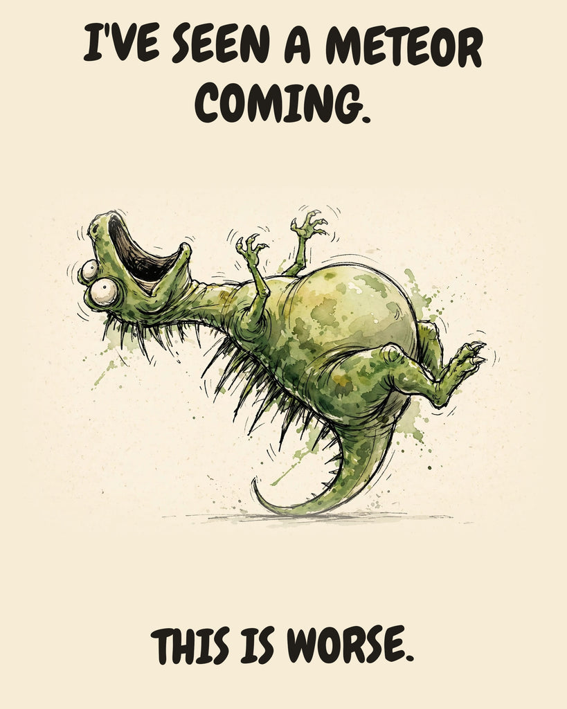 Green Dinosaur watercolor art print with the saying "I'VE SEEN A METEOR COMING. THIS IS WORSE."