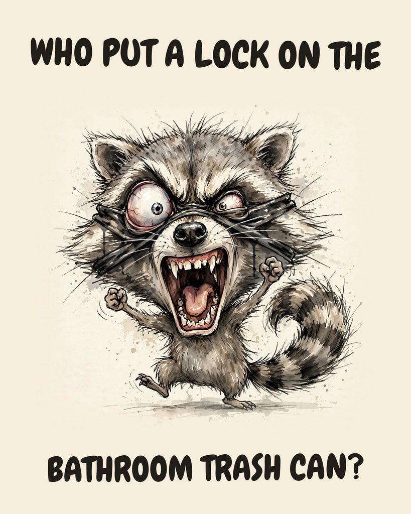 Raccoon watercolor art print with the saying "WHO PUT A LOCK ON THE BATHROOM TRASH CAN?"