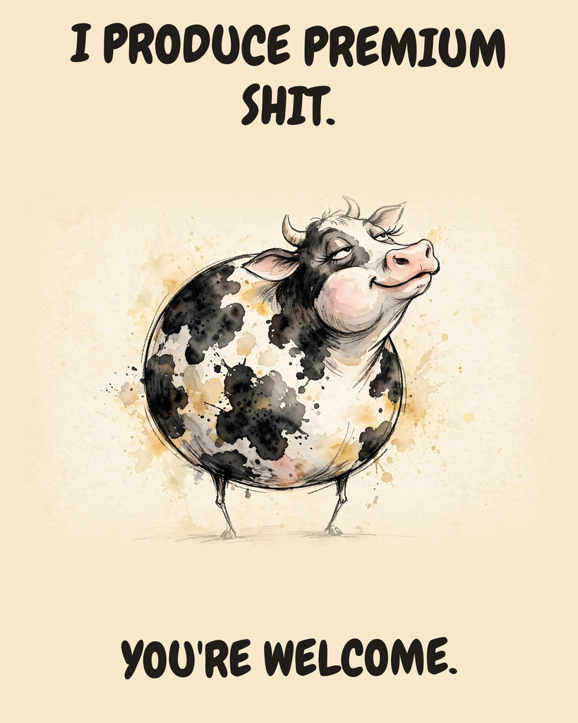 Cow watercolor art print with the saying "I PRODUCE PREMIUM SHIT. YOU'RE WELCOME."