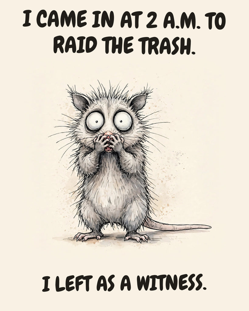 Possum watercolor art print with the saying "I CAME IN AT 2 A.M. TO RAID THE TRASH. I LEFT AS A WITNESS."