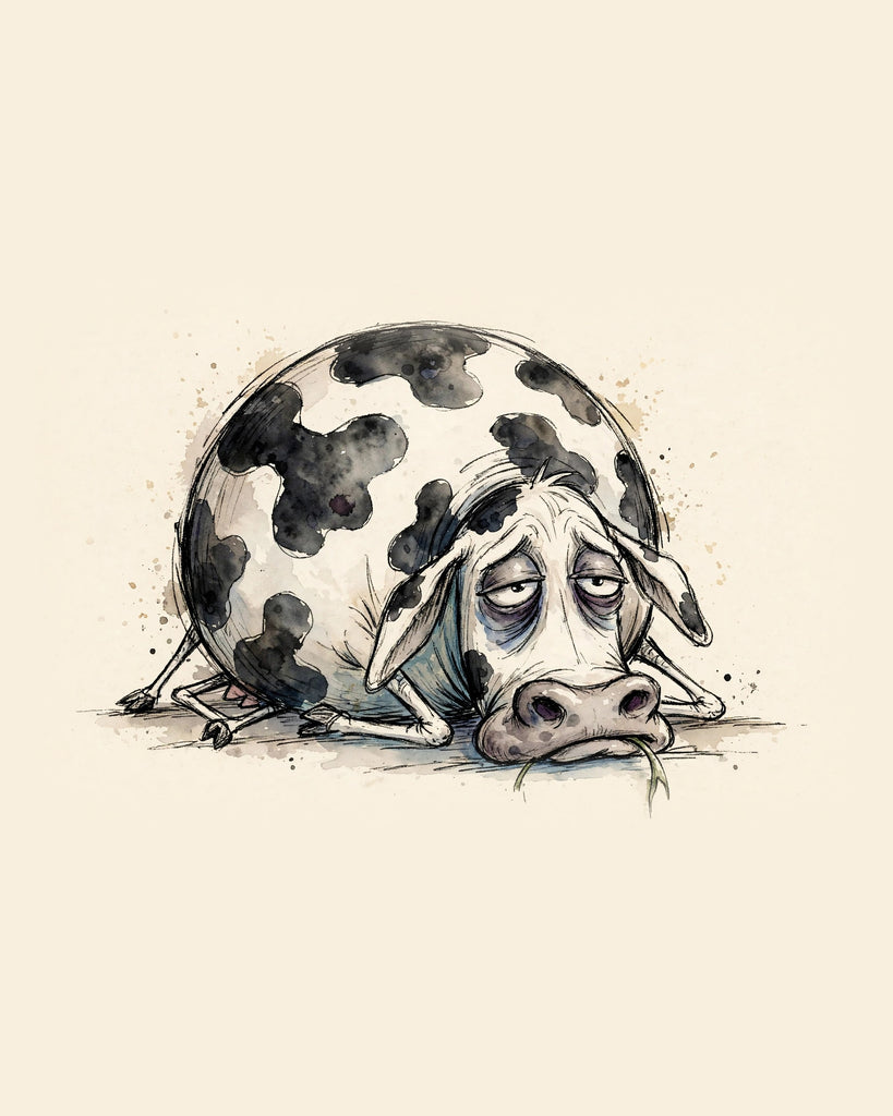 Wordless exhausted Cow watercolor art print — the artwork alone on a warm cream background, no text