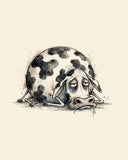 Wordless exhausted Cow watercolor art print — the artwork alone on a warm cream background, no text