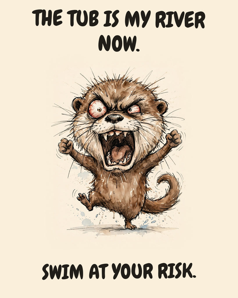 Otter watercolor art print with the saying "THE TUB IS MY RIVER NOW. SWIM AT YOUR RISK."