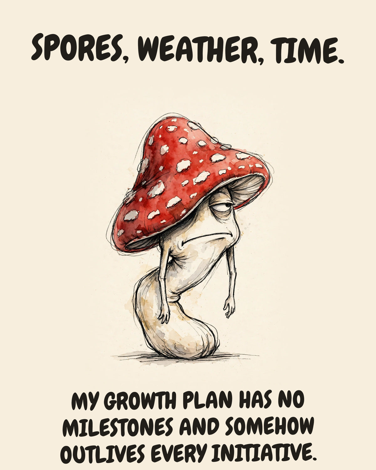 Unbothered Mushroom office art print in watercolor style, an unbothered mushroom in a moment of perfect workplace serenity, captioned “SPORES, WEATHER, TIME. MY GROWTH PLAN HAS NO MILESTONES AND SOMEHOW OUTLIVES EVERY INITIATIVE.”