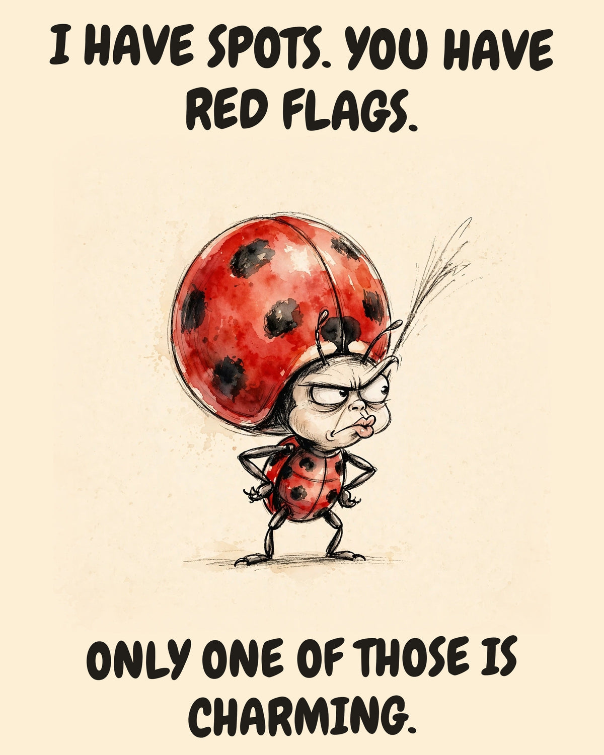 Ladybug watercolor art print with the saying "I HAVE SPOTS. YOU HAVE RED FLAGS. ONLY ONE OF THOSE IS CHARMING."