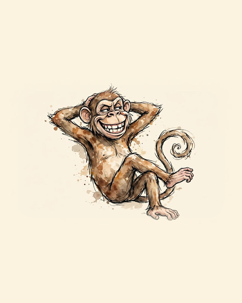 Wordless smug Monkey watercolor art print — the artwork alone on a warm cream background, no text