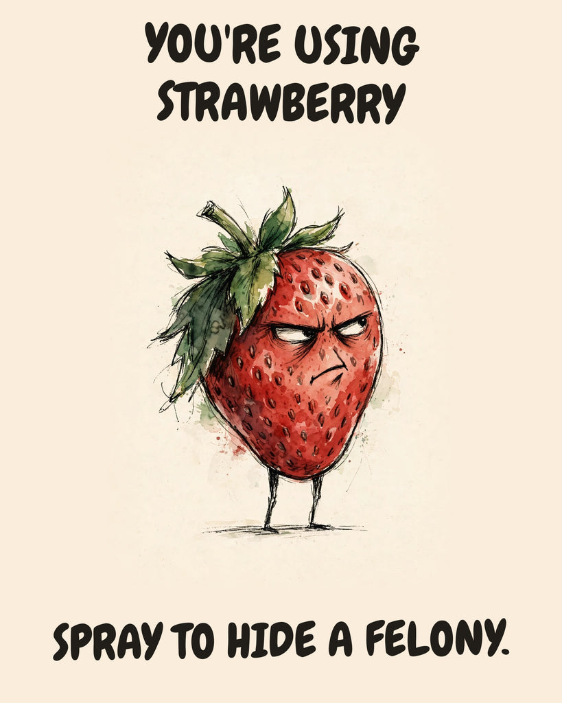 Strawberry watercolor art print with the saying "YOU'RE USING STRAWBERRY SPRAY TO HIDE A FELONY."