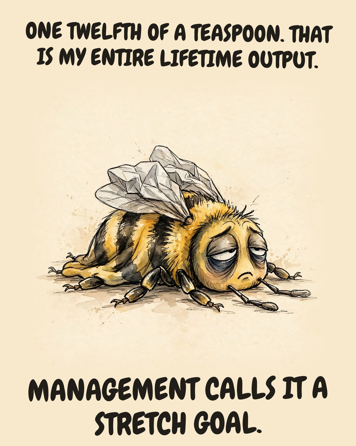 Bee watercolor art print with the saying "ONE TWELFTH OF A TEASPOON. THAT IS MY ENTIRE LIFETIME OUTPUT. MANAGEMENT CALLS IT A STRETCH GOAL."