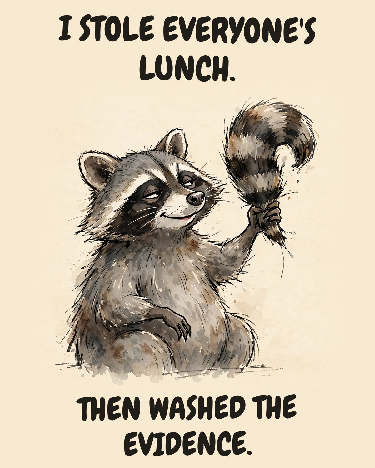 Raccoon watercolor art print with the saying "I STOLE EVERYONE'S LUNCH. THEN WASHED THE EVIDENCE."