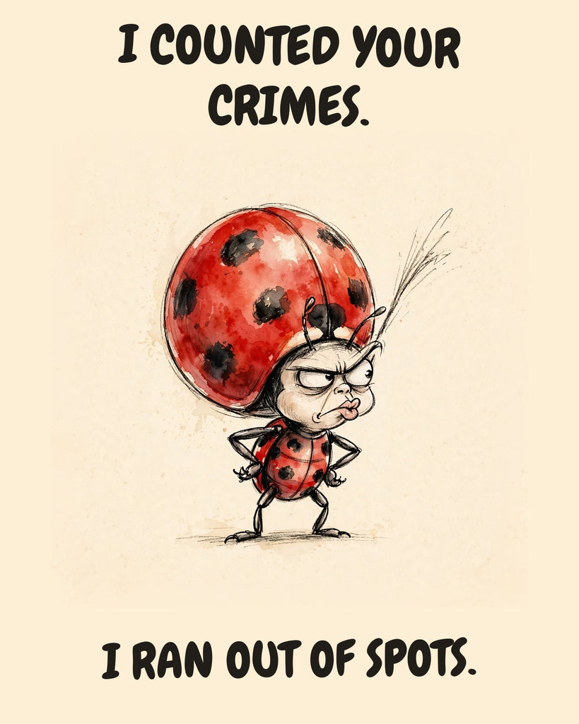 Ladybug watercolor art print with the saying "I COUNTED YOUR CRIMES. I RAN OUT OF SPOTS."