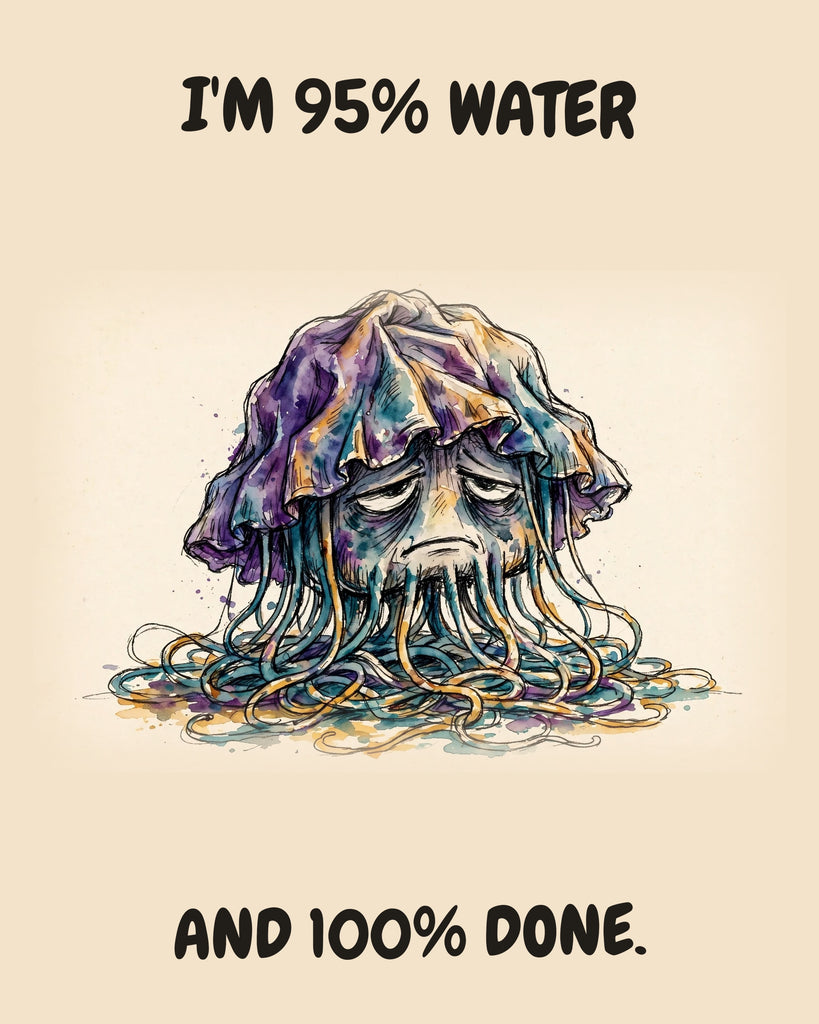 Jellyfish watercolor art print with the saying "I'M 95% WATER AND 100% DONE."