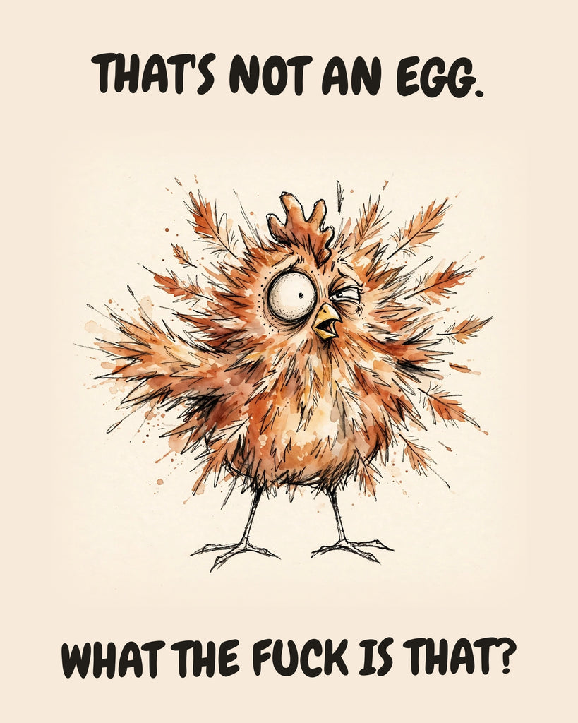 Chicken watercolor art print with the saying "THAT'S NOT AN EGG. WHAT THE FUCK IS THAT?"