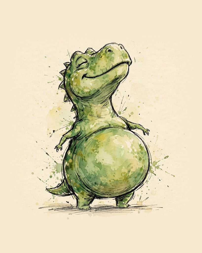 Wordless smug Green Dinosaur watercolor art print — the artwork alone on a warm cream background, no text