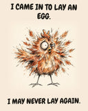 Chicken watercolor art print with the saying "I CAME IN TO LAY AN EGG. I MAY NEVER LAY AGAIN."