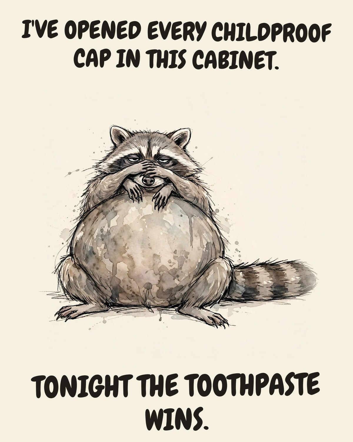 Raccoon watercolor art print with the saying "I'VE OPENED EVERY CHILDPROOF CAP IN THIS CABINET. TONIGHT THE TOOTHPASTE WINS."