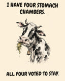 Cow watercolor art print with the saying "I HAVE FOUR STOMACH CHAMBERS. ALL FOUR VOTED TO STAY."