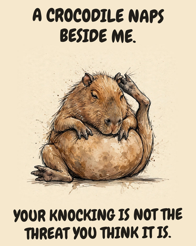 Capybara watercolor art print with the saying "A CROCODILE NAPS BESIDE ME. YOUR KNOCKING IS NOT THE THREAT YOU THINK IT IS."