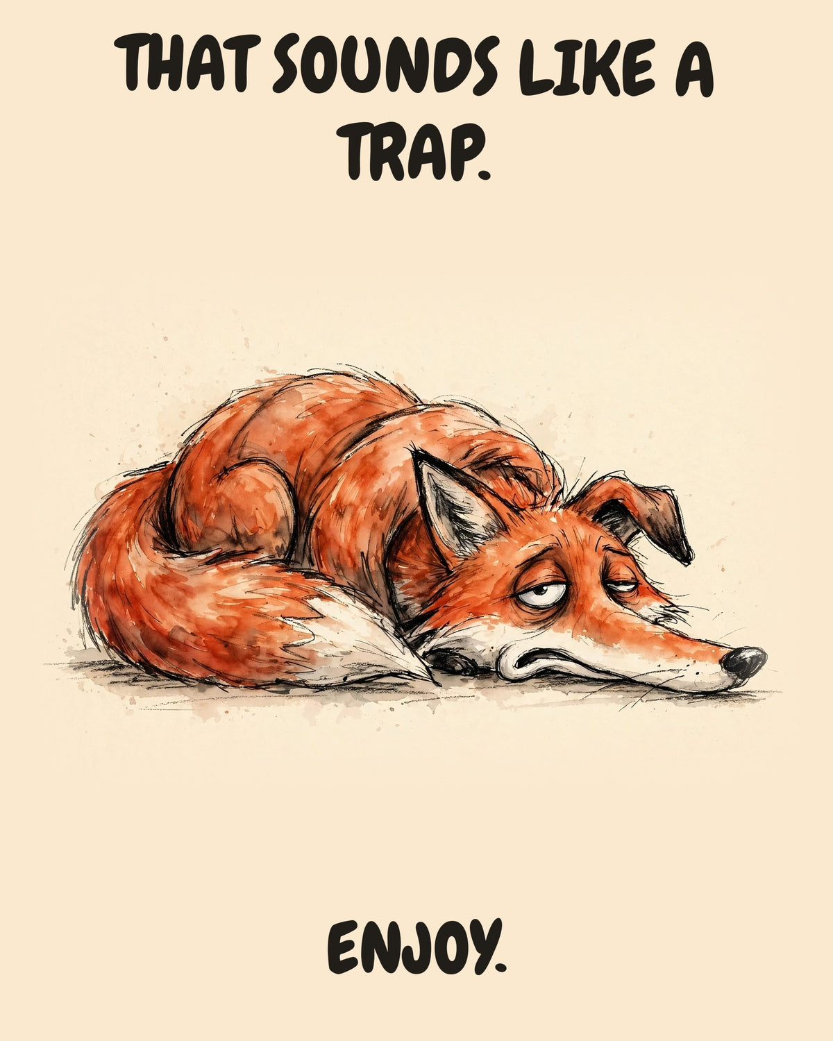 Unbothered Fox office art print in watercolor style, an unbothered fox in a moment of perfect workplace serenity, captioned “THAT SOUNDS LIKE A TRAP. ENJOY.”