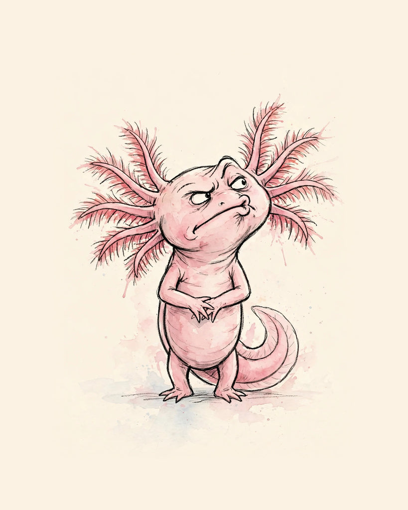 Wordless judgmental Axolotl watercolor art print — the artwork alone on a warm cream background, no text
