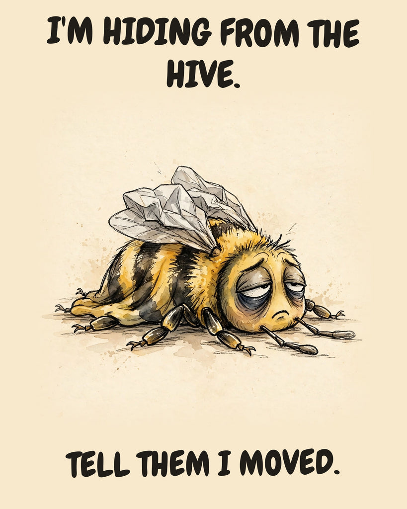 Bee watercolor art print with the saying "I'M HIDING FROM THE HIVE. TELL THEM I MOVED."
