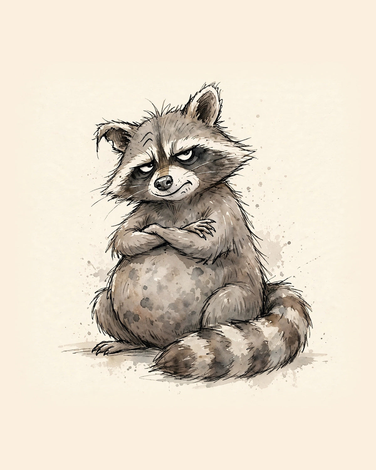 Wordless judgmental Raccoon watercolor art print — the artwork alone on a warm cream background, no text
