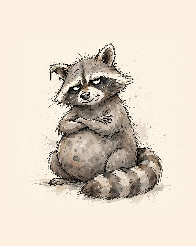 Wordless judgmental Raccoon watercolor art print — the artwork alone on a warm cream background, no text