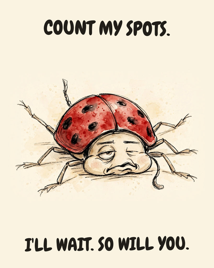 Ladybug watercolor art print with the saying "COUNT MY SPOTS. I'LL WAIT. SO WILL YOU."