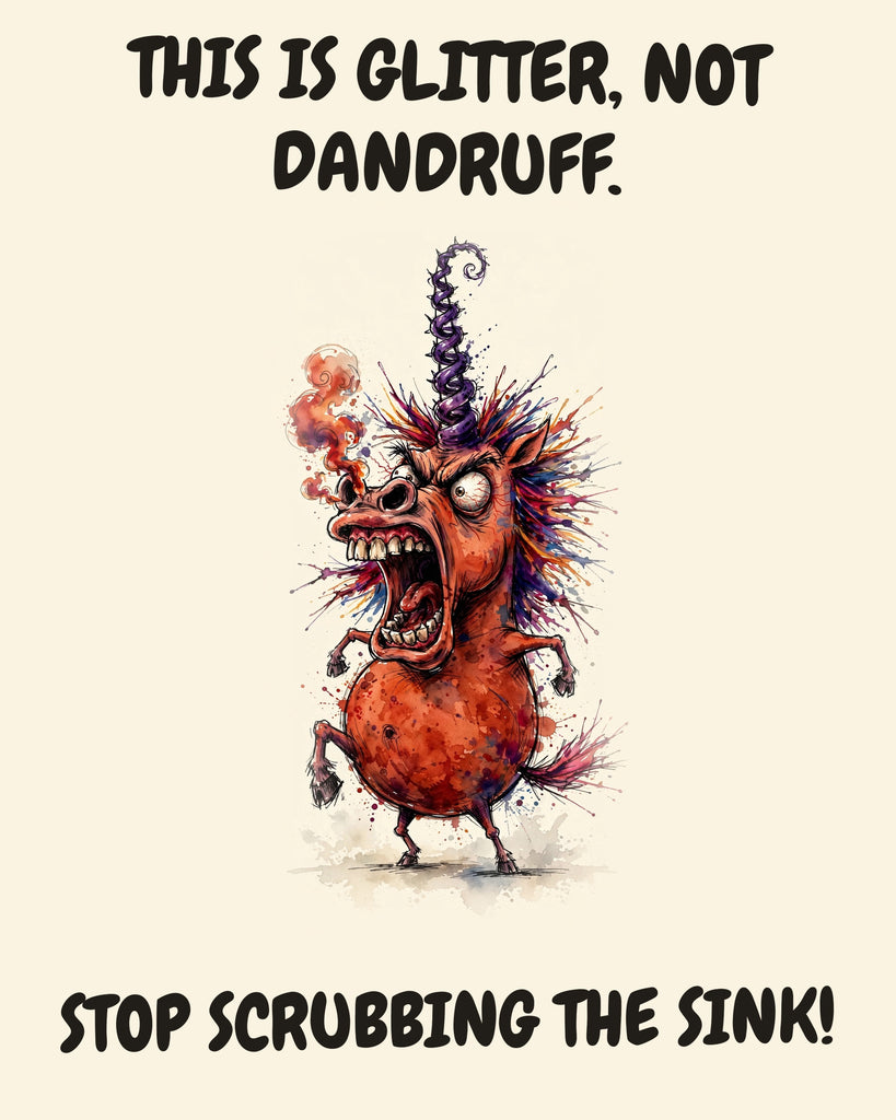 Unicorn watercolor art print with the saying "THIS IS GLITTER, NOT DANDRUFF. STOP SCRUBBING THE SINK!"