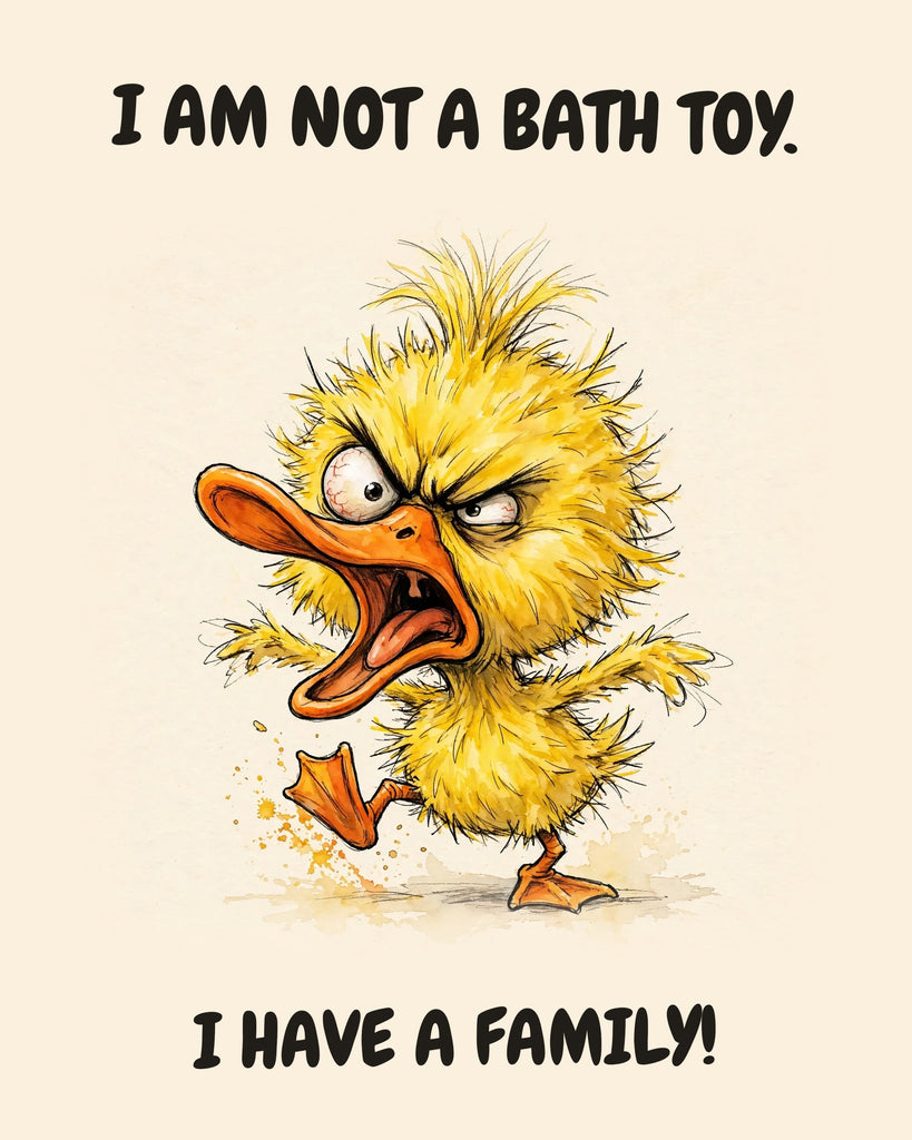Yellow Duck watercolor art print with the saying "I AM NOT A BATH TOY. I HAVE A FAMILY!"