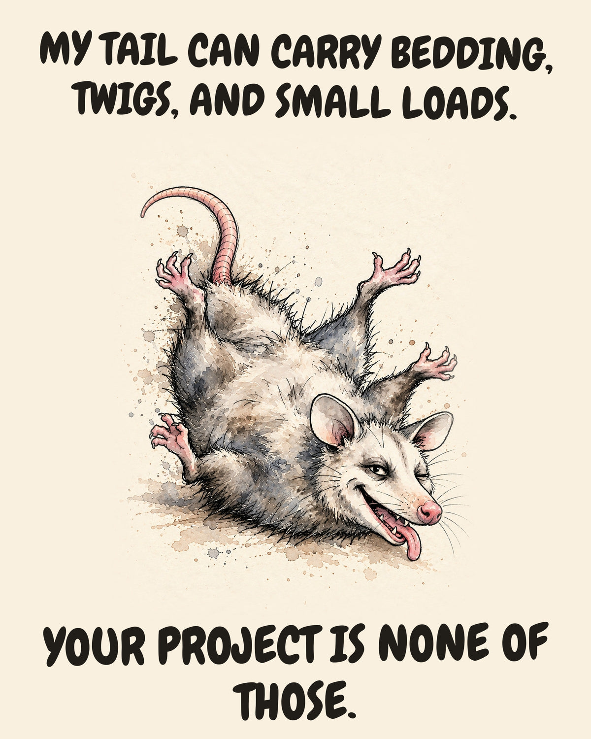 Unbothered Possum office art print in watercolor style, an unbothered possum in a moment of perfect workplace serenity, captioned “MY TAIL CAN CARRY BEDDING, TWIGS, AND SMALL LOADS. YOUR PROJECT IS NONE OF THOSE.”