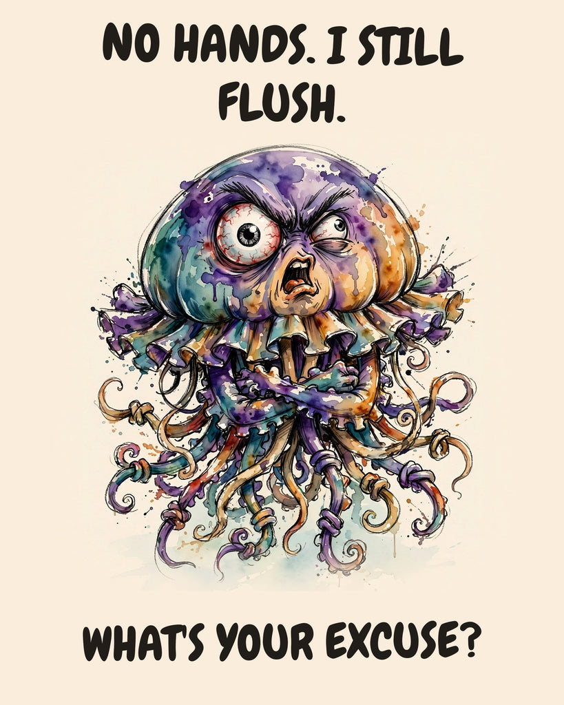 Jellyfish watercolor art print with the saying "NO HANDS. I STILL FLUSH. WHAT'S YOUR EXCUSE?"