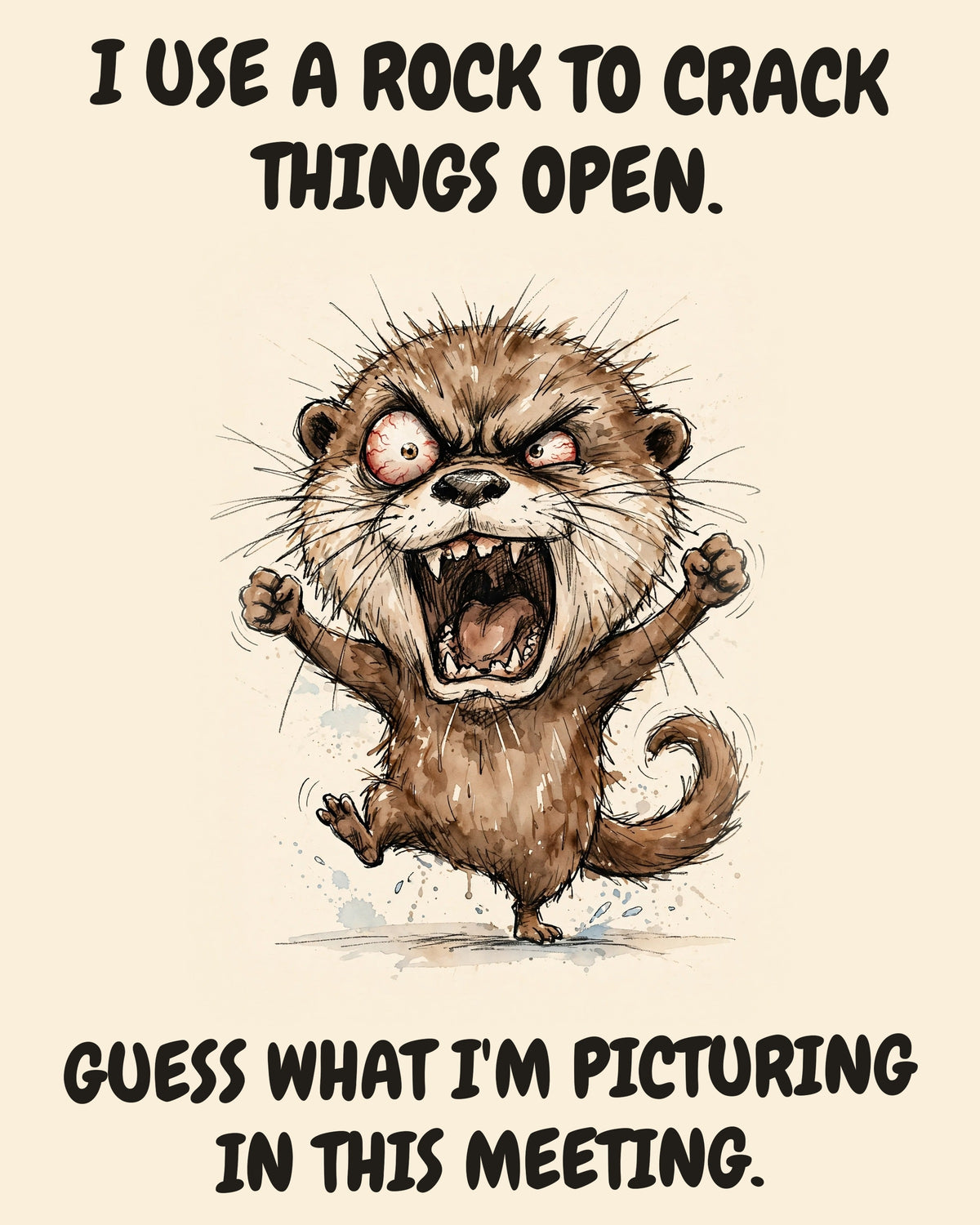 Otter watercolor art print with the saying "I USE A ROCK TO CRACK THINGS OPEN. GUESS WHAT I'M PICTURING IN THIS MEETING."