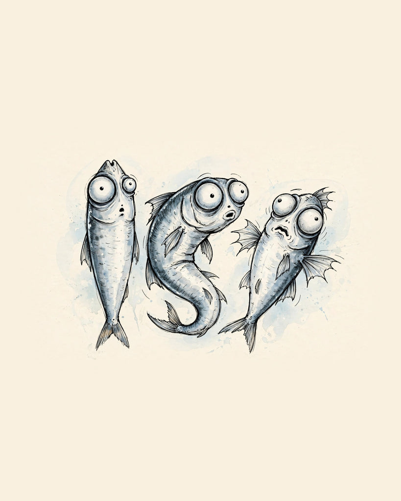 Wordless horrified Sardines watercolor art print — the artwork alone on a warm cream background, no text